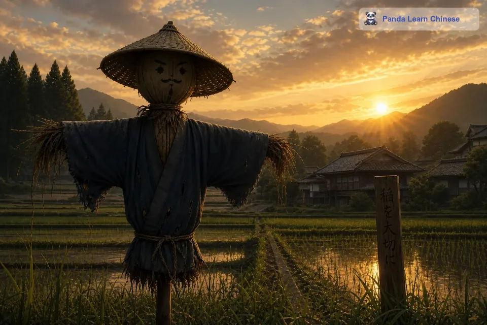 每天，当太阳升起的时候，稻草人就开始了他的工作。他站在那里，像一个忠诚的卫士。微风轻轻吹过，他身上的破衣服随风飘动，就好像在向那些想要来偷吃庄稼的鸟儿们示威。
