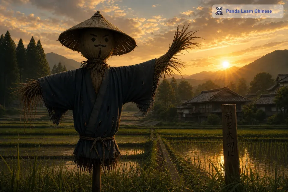 他挥动着自己的手臂，虽然他的手臂是用两根树枝做成的，但在阳光的照耀下，却显得格外有力。那些鸟儿看到稻草人这样，都不敢轻易靠近这片庄稼地。