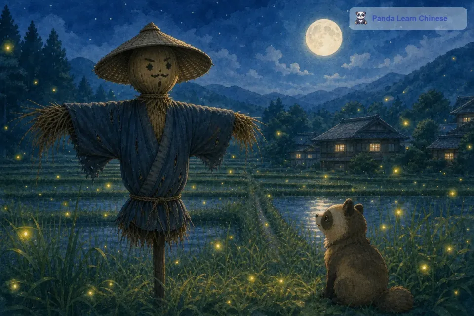 夜晚来临，月光洒在这片庄稼地上。稻草人依然坚守在自己的岗位上。周围有许多萤火虫在飞舞，它们就像一个个小小的精灵。
