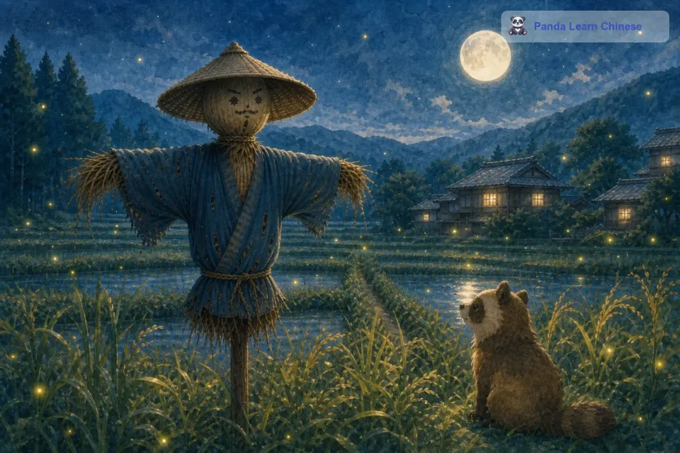 稻草人在月光和萤火虫的映衬下，显得有些孤独，但他的内心是坚定的。他知道自己的责任就是守护这片庄稼地，不让任何害虫或者鸟类来破坏这些庄稼。