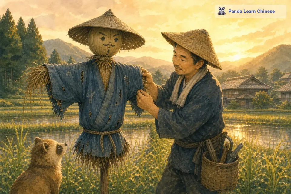 经过一段时间的风吹雨打，稻草人有些破旧了。善良的农民发现了这个情况，他带着工具来到了稻草人身边。农民仔细地修理着稻草人，加固了他的身体，缝补了他破旧的衣服。稻草人看着农民，心中充满了感激。他觉得自己又可以精神抖擞地守护庄稼了。