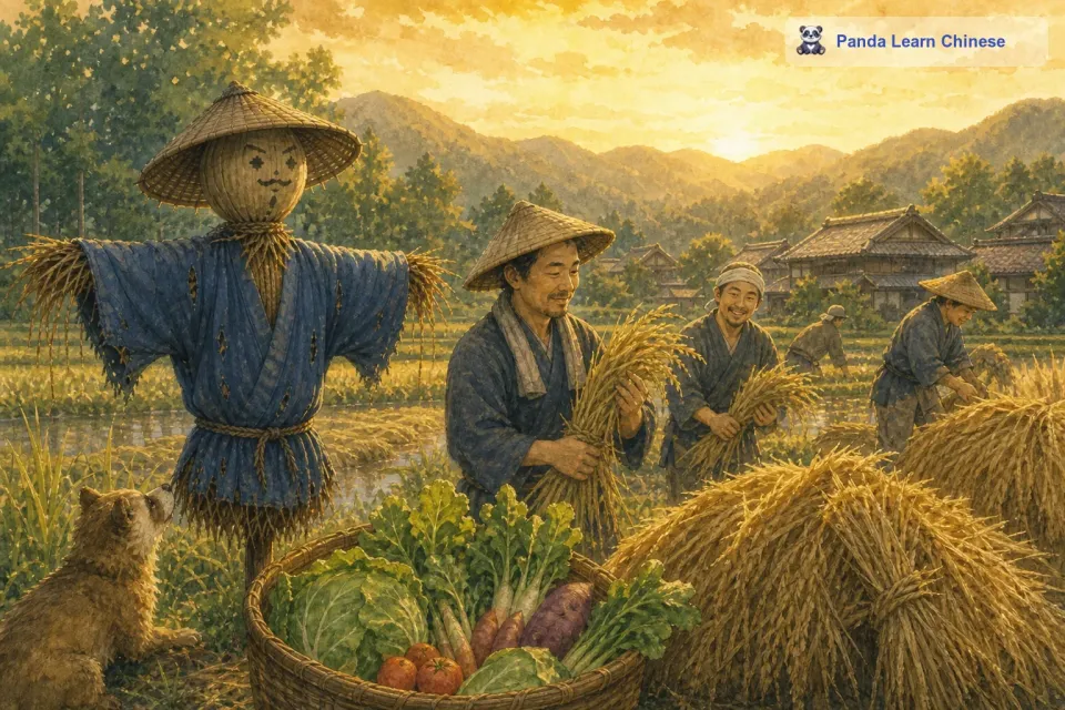 终于，到了收获的季节。农民们在田野里忙碌地收割着庄稼，到处都是欢声笑语。金黄色的麦子被捆成一捆一捆的，新鲜的蔬菜装满了箩筐。稻草人看着这丰收的景象，也感到非常高兴。他虽然不能像农民们一样享受丰收的果实，但他知道自己的努力没有白费，他成功地守护了这片庄稼地。