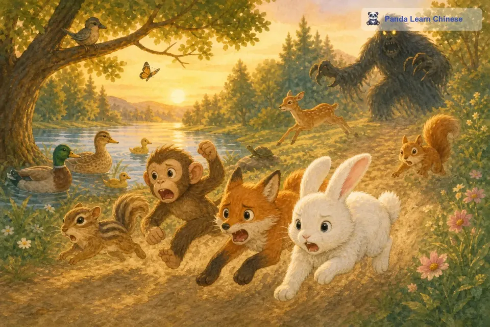 它们跑着跑着，遇到了小猴子。小猴子正在树上荡秋千呢，看到它们这么慌张，就好奇地问：“你们跑什么呀？小兔子和小狐狸齐声说：“咕咚来了，咕咚可吓人了！小猴子也不淡定了，从树上跳下来，跟着它们一起跑。