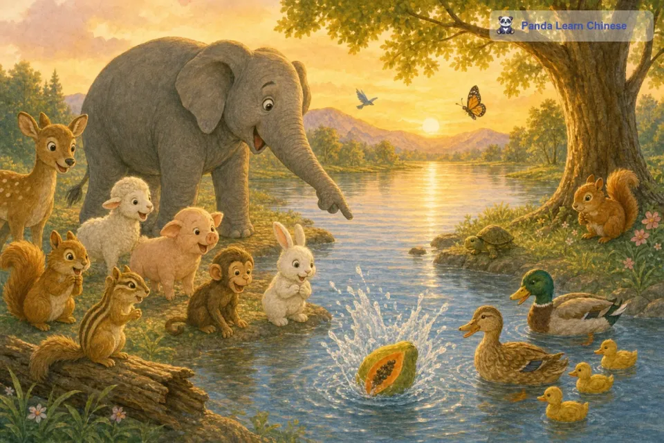 于是，大象带着小动物们往回走。它们小心翼翼地来到了湖边，又听到了“咕咚”一声。大象仔细一看，原来是一个木瓜掉进湖里发出的声音。小动物们这才恍然大悟，原来是虚惊一场。