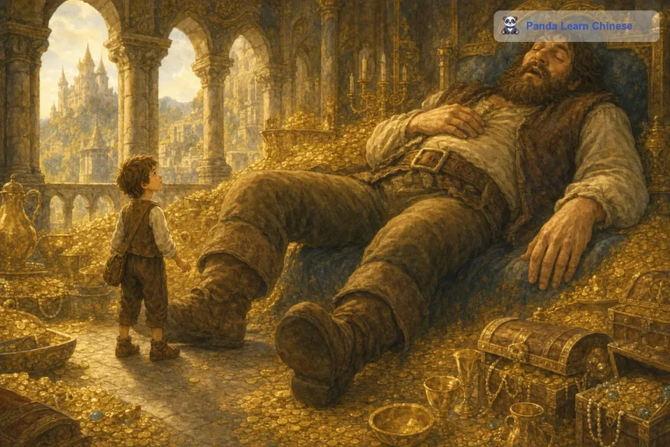 他发现自己来到了一个陌生的地方，这里有一座巨大的城堡。杰克小心翼翼地走进城堡，发现里面到处都是金银财宝。就在他兴奋地四处查看的时候，突然听到了一阵巨大的呼噜声。顺着声音找过去，他看到了一个巨人正在睡觉。这个巨人非常高大，杰克在他面前就像一只小蚂蚁。