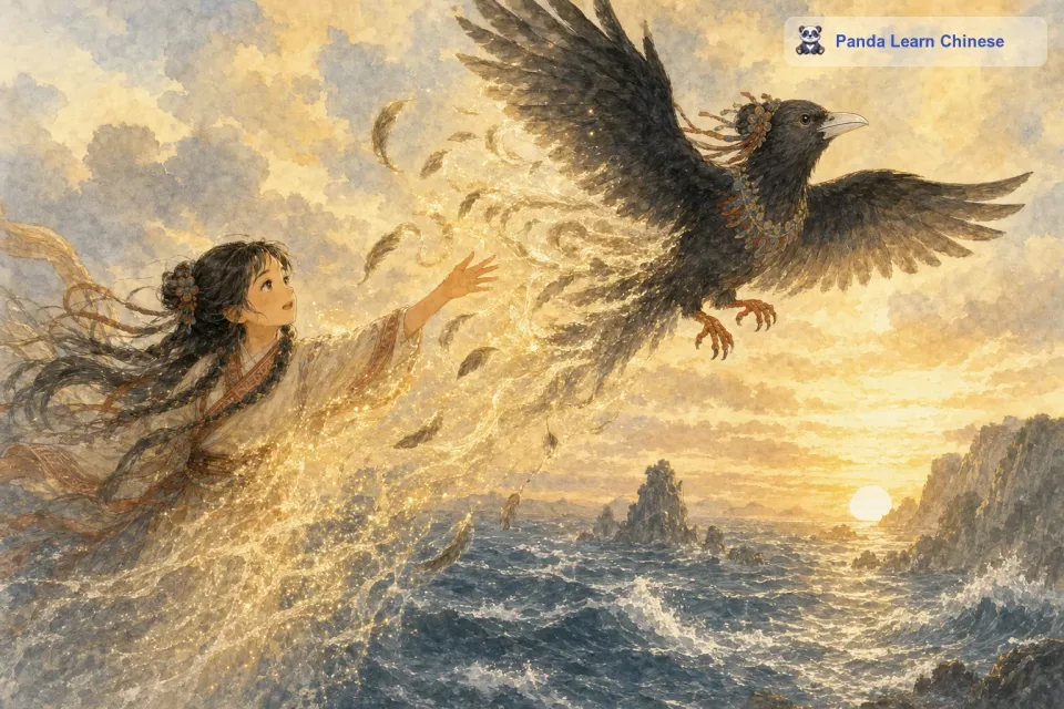 女娃死后，她的灵魂并没有消散。她心中充满了对大海的怨恨，她不甘心就这样被大海夺去生命。于是，女娃的灵魂化作了一只精卫鸟。精卫鸟的外形长得像乌鸦，但是头部有花纹，白色的嘴壳和红色的爪子，看起来十分坚韧。