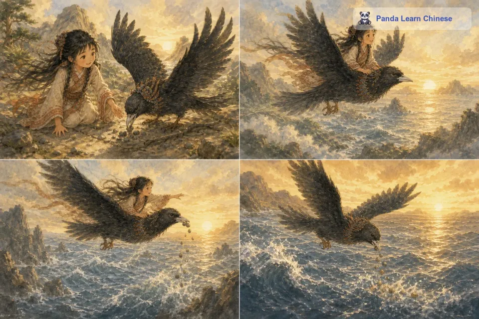 精卫鸟发誓要向大海复仇，她决定把大海填平。于是，精卫鸟每天都会飞到发鸠山上，用它那小小的嘴叼起一颗小石子或者一段小树枝。然后，它不辞辛劳地飞过千山万水，把叼来的石子和树枝投进大海里。