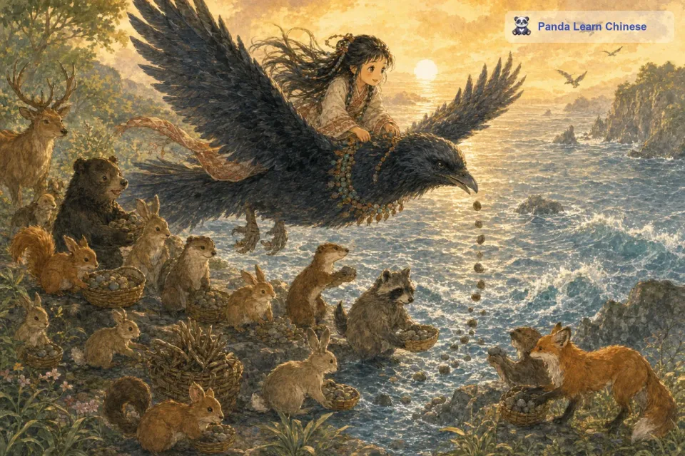 精卫鸟的行为感动了许多小动物。有的小动物跑来问精卫鸟：“大海这么大，你怎么可能填平它呢？精卫鸟回答说：“只要我一直坚持，总有一天能把大海填平。小动物们被精卫鸟这种不屈不挠的精神所打动，它们也纷纷过来帮忙。有的帮忙找石子，有的帮忙找树枝。