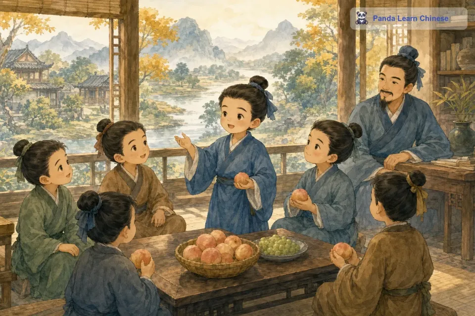 在很久很久以前的中国，有一个叫孔融的小男孩，他非常聪明伶俐，而且从小就懂得很多道理。孔融的家里有很多兄弟姐妹，他们生活在一起，虽然有时候会有些小吵闹，但也充满了温馨。