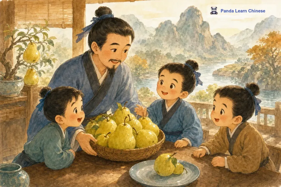 有一天，孔融的父亲买回来了一些梨。这些梨又大又水灵，看起来非常诱人。父亲把梨拿出来，放在桌子上，让孩子们自己来分梨。