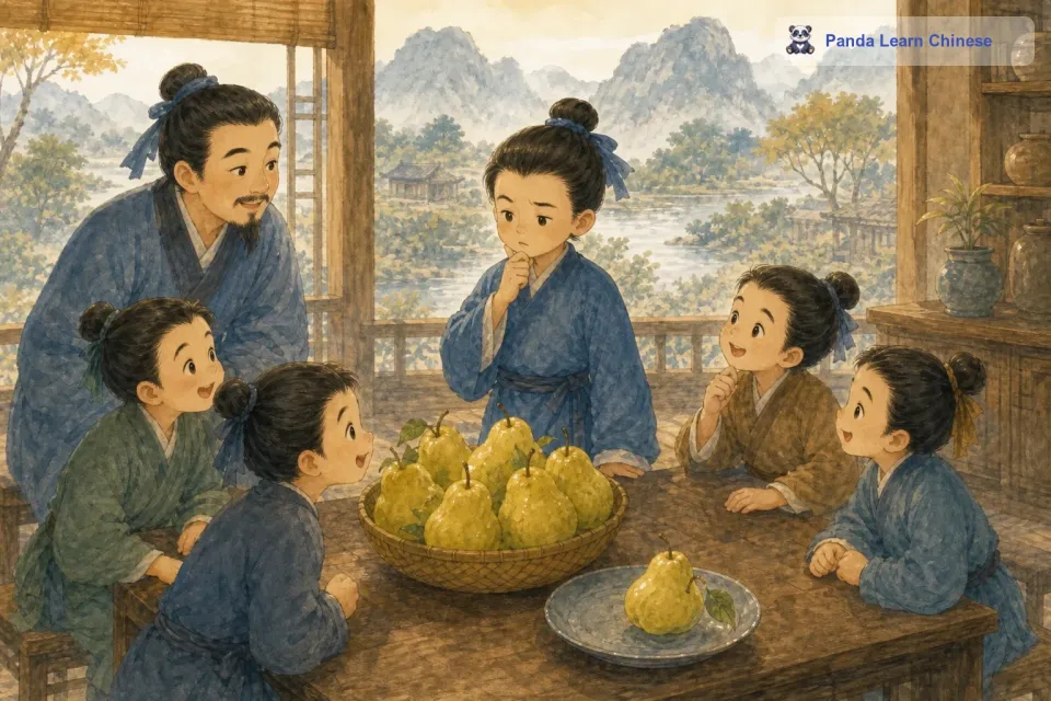 孔融的哥哥们都很想吃那些大梨，弟弟妹妹们也眼睛亮晶晶地盯着梨。孔融站在桌子前，没有马上伸手去拿梨，而是认真地思考着什么。他看看哥哥们，又看看弟弟妹妹们，然后抬起头对父亲说：“父亲，我年纪小，应该拿小的梨，大的梨应该给哥哥们吃。