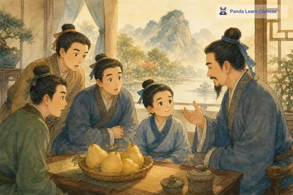 哥哥们听到孔融这么说，都有些惊讶，他们没想到孔融会把大梨让给他们。父亲听了孔融的话，很是欣慰，他笑着问孔融：“你为什么要这么做呢？