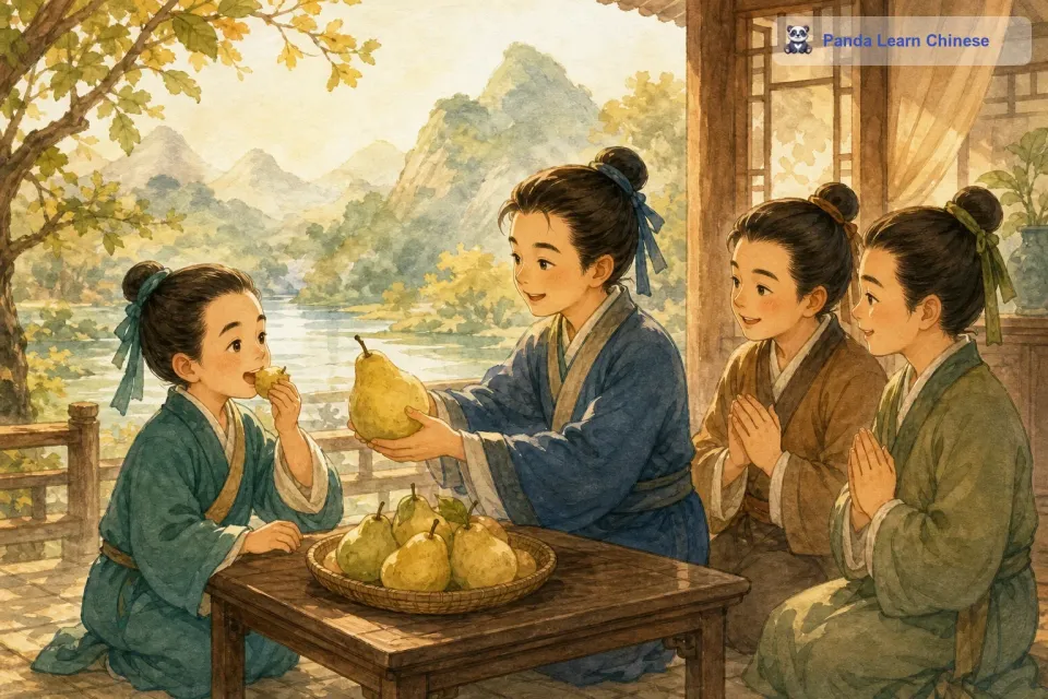 说完，孔融就拿起一个最小的梨，开心地吃了起来。然后他把最大的梨递给了哥哥，哥哥们都很感动，他们从孔融身上看到了谦逊和礼让。