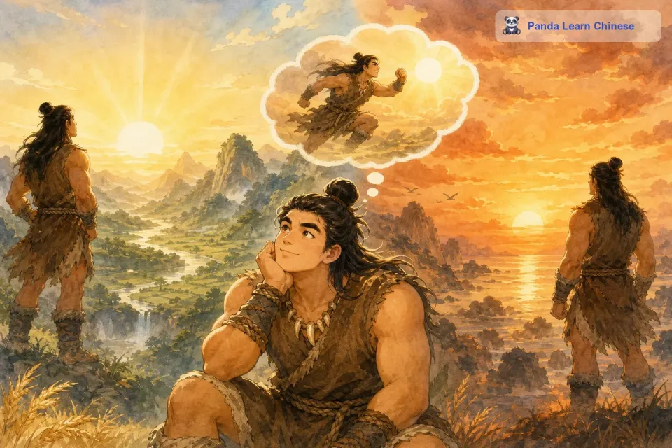 他看到太阳每天从东边升起，西边落下，心中就产生了一个非常大胆的想法：他想要追上太阳，让它永远高悬在天空，给大地带来永恒的光明。