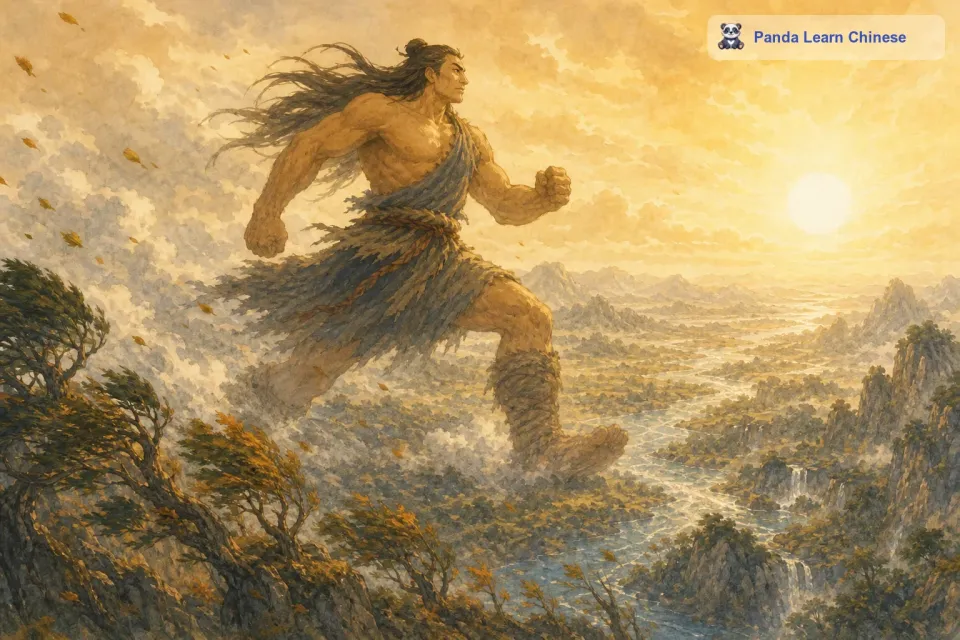于是，夸父便朝着太阳升起的方向，迈着大步开始追赶。他的步伐非常大，每一步都能跨越很远的距离。他的速度也非常快，带起一阵一阵的狂风，路边的树木都被吹得沙沙作响。
