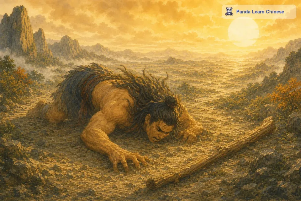 夸父继续向着北方跑去，因为他听说北方有一片大泽，那里有很多水可以喝。可是还没等他跑到大泽，在半路上夸父就因为过度的劳累和极度的口渴而倒下了。他的身躯像一座大山一样轰然倒下，手中的桃木杖也掉落在地上。