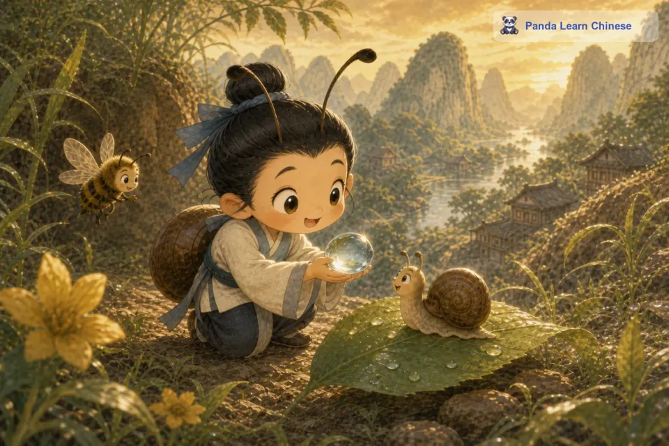 小蜗牛看到露珠，眼睛一下子亮了起来，它高兴地说：“奇奇，你真是太贴心了，我正觉得有点口渴呢，这颗露珠对我来说就像及时雨一样。奇奇开心地笑了起来。