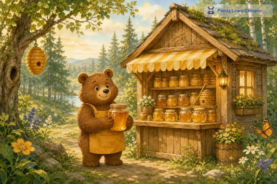在瑞典的一片美丽森林里，住着一只可爱的小熊。小熊非常喜欢蜂蜜，而且他是一只特别诚实的小熊。于是，他决定开一家蜂蜜店，把自己收集到的美味蜂蜜分享给森林里的小伙伴们。