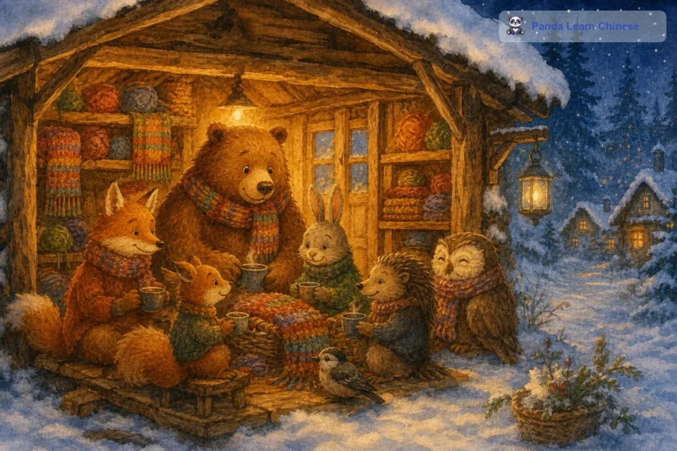 夜晚，围巾店的灯光照亮了周围的雪地。小熊看着店里热闹的场景，心里觉得特别温暖。小动物们围坐在一起，分享着今天的趣事。围巾店就像一个温暖的大家庭，给这个寒冷的冬天带来了无尽的温暖。