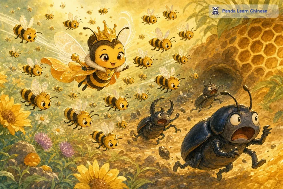 小蜜蜂公主见劝说无效，她果断地挥动翅膀，发出了一种特殊的信号。很快，从四面八方飞来了无数的蜜蜂。蜜蜂们在小蜜蜂公主的带领下，围着大甲虫们不停地飞舞，嗡嗡的声音震耳欲聋。大甲虫们被蜜蜂们的气势吓到了，开始四处逃窜。