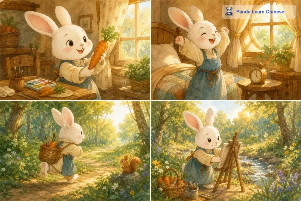 不过呀，它的画笔可不是普通的画笔，而是胡萝卜呢！小兔子画家每天都会早早地起床，然后跑到森林里找一块阳光正好的地方，支起它的小画架。