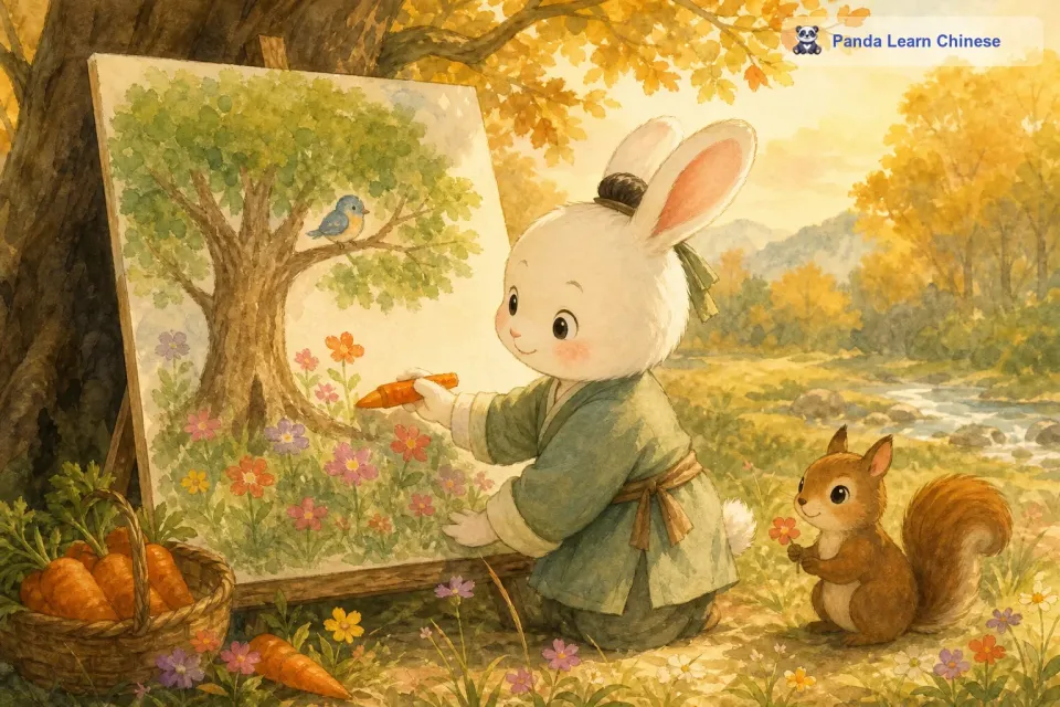 小兔子画完大树和小鸟后，往后退了几步，歪着脑袋看了看自己的画。它觉得还缺点什么，于是又拿起一根胖胖的胡萝卜，在树下画出了一丛丛的小花。有红的、粉的、紫的，就像给大地穿上了一件漂亮的花裙子。现在，小兔子看着自己的画，满意地笑了起来，它的眼睛眯成了一条缝，露出了两颗白白的小牙齿。