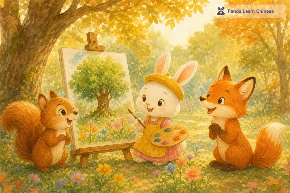 小松鼠说：“小兔子，你画的大树就像真的一样，我都想在上面搭个窝啦！小狐狸也跟着说：“那些小花画得好漂亮呀，感觉都能闻到香味呢！