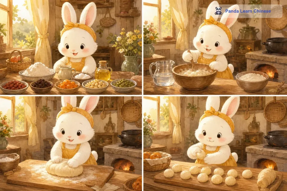 小兔子起了个大早，开始准备制作月饼。它把面粉、糖、油还有各种馅料整整齐齐地摆在桌子上。小兔子先把面粉和水混合，揉成一个柔软的面团，然后把面团分成一个个小团子。