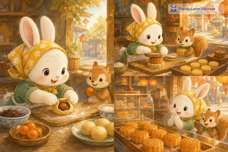 接着，它小心地把馅料包进面团里，再用模具把月饼压出漂亮的花纹。不一会儿，一个个精美的月饼就做好了，整个店里都弥漫着月饼的香味。