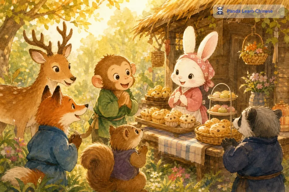 小猴子也附和着：“是啊，小兔子做的点心肯定很棒。小兔子看到这么多朋友来光顾，心里可高兴了。