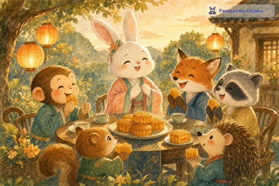 小猴子吃的是蛋黄馅的月饼，它一边嚼一边点头：“嗯，这个味道很特别呢。小动物们都对小兔子做的月饼赞不绝口，小兔子的脸上洋溢着幸福的笑容。