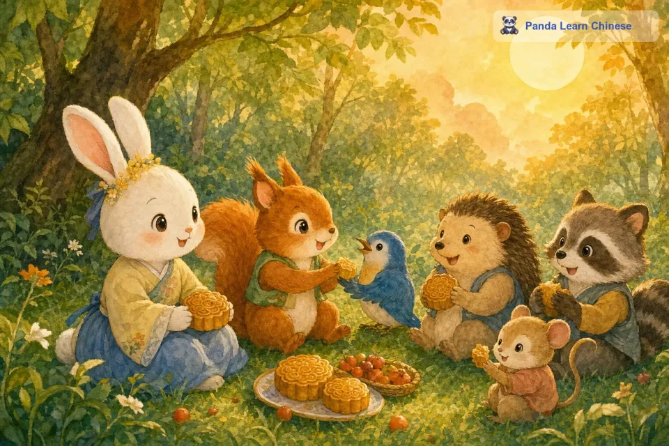 小动物们拿着月饼来到森林里的草地上，它们坐在一起分享着美味的月饼。小松鼠把自己的月饼分给小鸟一点，小鸟也把自己找到的小果子分给小松鼠。大家一边吃着月饼，一边聊天，笑声在森林里回荡。从那以后，小兔子的月饼店成为了森林里最受欢迎的地方，小动物们经常来这里品尝美味的月饼，小兔子也每天都开开心心地做着月饼，和朋友们度过美好的时光。