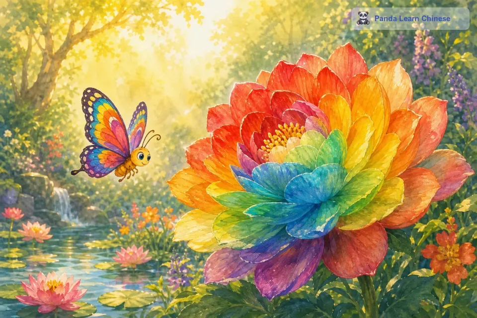 小蝴蝶又飞了很久很久，它飞到了花园的一个偏僻角落。在这里，它发现了一朵很大很大的花。这朵花的花瓣层层叠叠，颜色绚丽多彩，像是被彩虹染过一样。