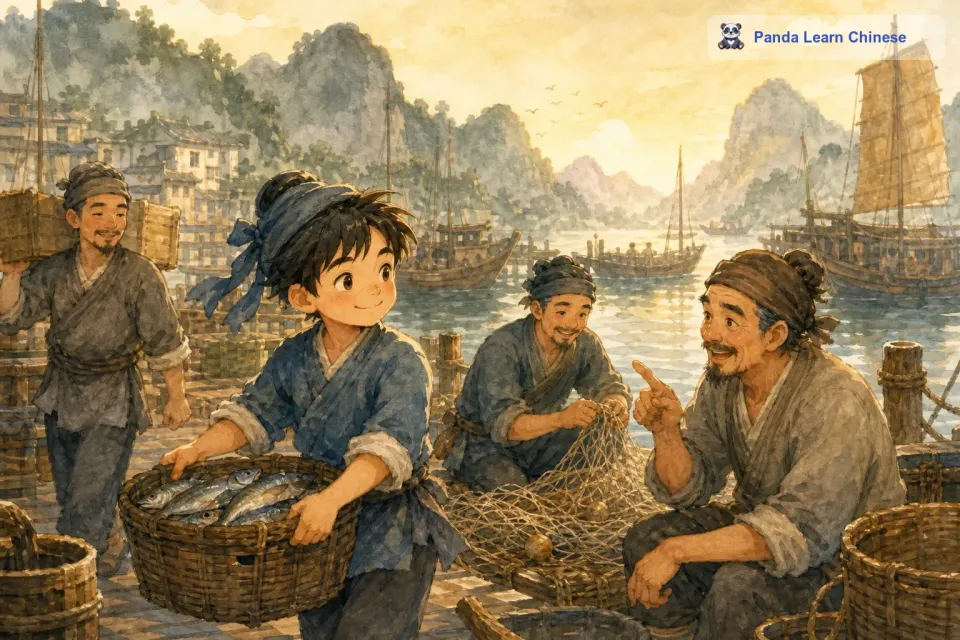 为了离自己的梦想更近一步，汤姆开始到码头帮渔民们干活。他虽然年纪小，但是非常勤劳，他帮着渔民们搬运货物、整理渔网。渔民们都很喜欢这个懂事的小男孩，有时候也会给他讲一些航海的故事。