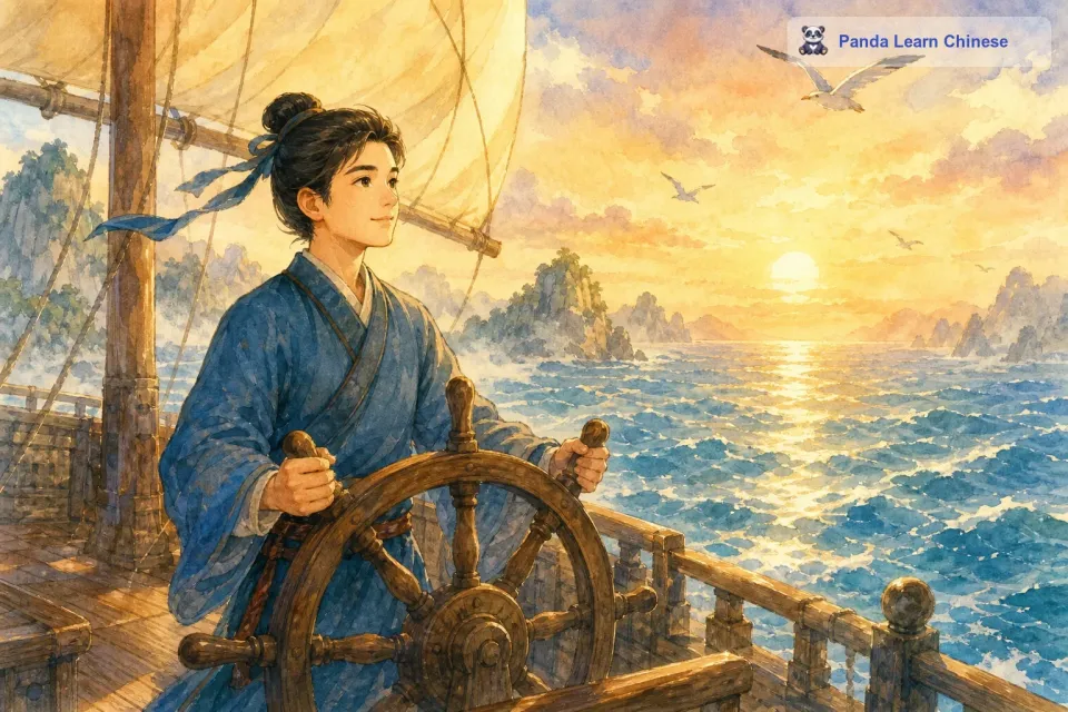 他驾驶着大船，驶向大海深处，他的梦想终于实现了。他望着一望无际的大海，心中充满了对未来的憧憬。汤姆知道，这只是他航海生涯的开始，他将继续在这片蓝色的海洋上书写自己的故事。