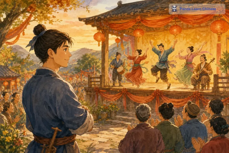 浩二夜以继日地工作，终于在节日前把舞台修得比以前更加坚固和美观。节日当天，村民们在舞台上欢快地表演节目，大家都很开心。浩二站在台下，看着大家的笑容，他知道自己的努力都是值得的。