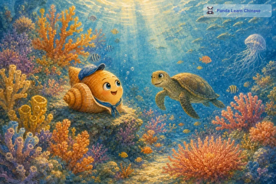 经过这场惊险的遭遇后，小海螺并没有放弃自己的梦想，它继续向着大海深处前行。不久后，它来到了一片绚丽多彩的珊瑚礁。这里的珊瑚形态各异，有像树枝一样伸展的，也有像花朵一样盛开的。