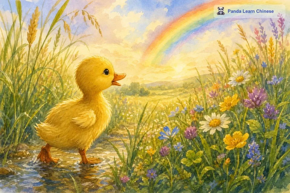 小鸭子走进了一片广阔的草地。草地里的草长得很高，几乎要没过小鸭子的身体了。小鸭子在草丛里艰难地走着，有时候还会被绊倒。但是小鸭子没有放弃，它看到彩虹就在前方，那明亮的色彩就像在召唤它一样。小鸭子在草地里发现了一些美丽的小花，它想，如果把这些小花带到彩虹尽头，一定很美好。