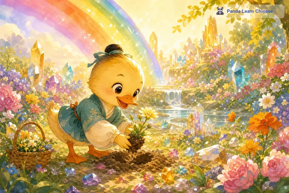 小鸭子终于到达了彩虹的尽头。这里就像一个梦幻的世界，有各种各样美丽的花朵和闪闪发光的宝石。小鸭子高兴极了，它把从草地里带来的小花种在了这里。