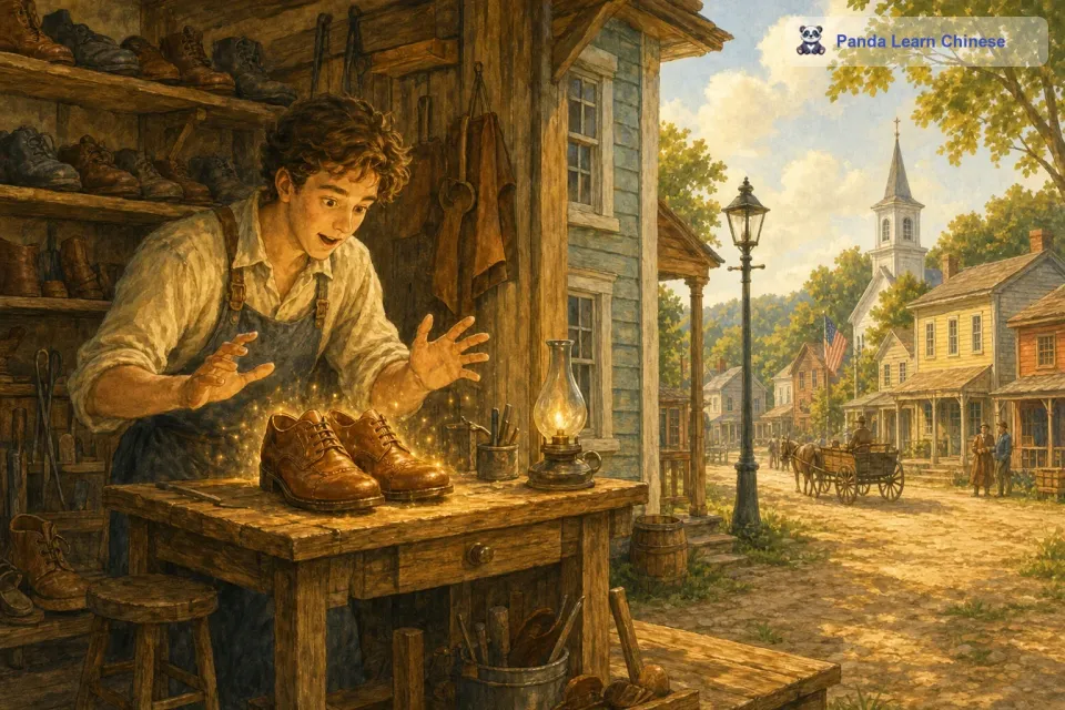 一天晚上，鞋匠把第二天要做的鞋子的皮革裁剪好，然后就去睡觉了。第二天早上，当他醒来的时候，他惊讶地发现一双做好的鞋子放在桌子上。这双鞋子比他以前做的任何一双都要精美，而且看起来像是有魔法一样。