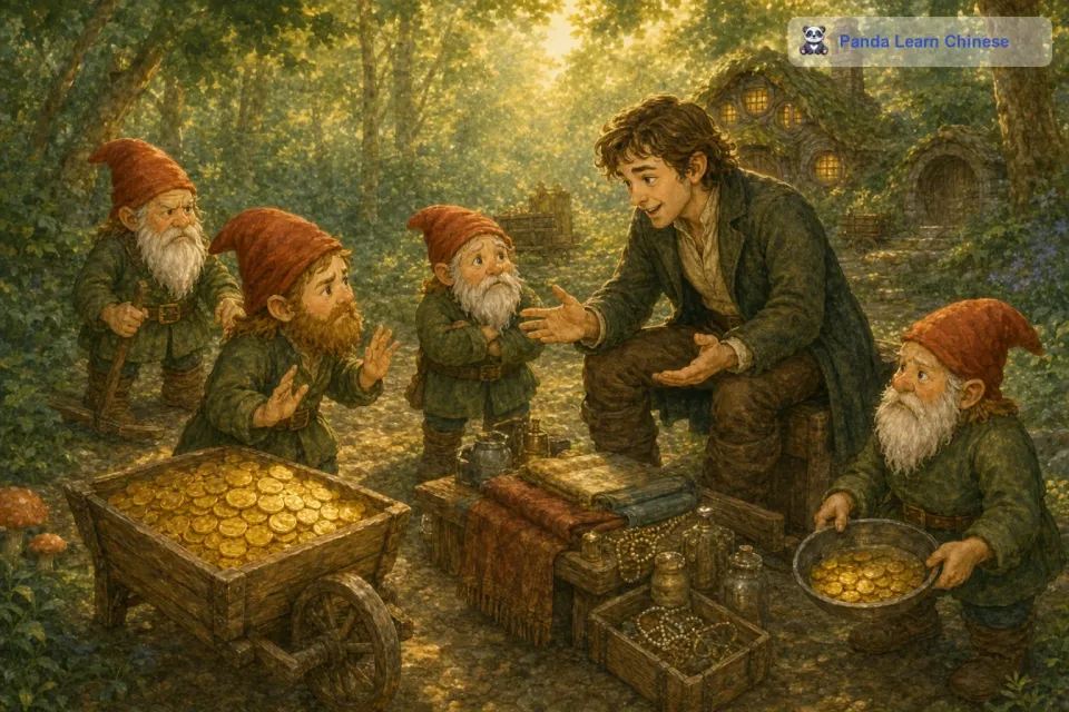 小矮人看到商人贪婪的眼神，很是担心。他们警告商人不要打金币的主意，这些金币是他们多年来辛勤劳动的成果。但是商人根本不听，他想出了一个诡计。商人假装很友好地和小矮人交谈，说他有很多好东西可以和小矮人交换金币。小矮人知道商人不怀好意，坚决拒绝了他。