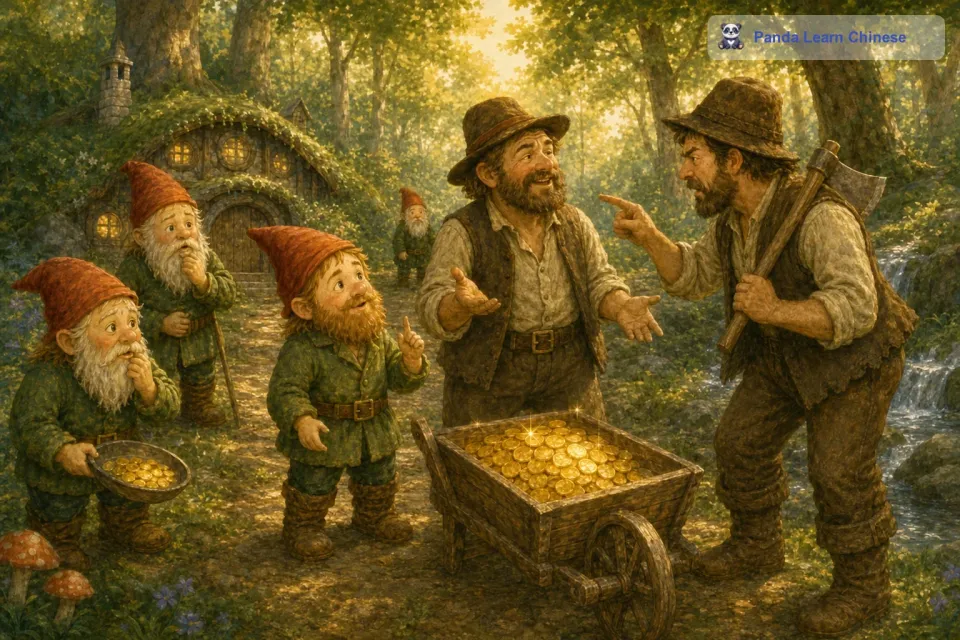 小矮人把商人想要骗取金币的事情告诉了樵夫。樵夫非常生气，他责备商人不应该如此贪婪。商人却嘲笑樵夫太傻，不知道抓住机会变得富有。小矮人看到樵夫如此正直，决定考验一下他。
