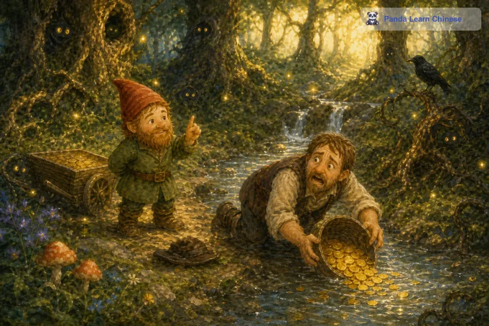 原来，小矮人的金币是被施了魔法的。只有通过诚实的劳动才能获得，并且不能被贪婪的人占有。商人被森林里的魔法惩罚，他害怕极了，最后不得不把金币放回原处。