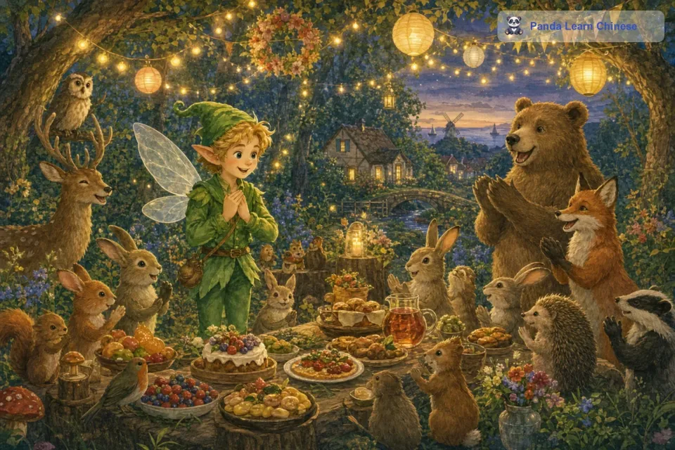 小精灵热心助人的事迹传遍了整个森林，所有的动物都很喜欢他。为了感谢小精灵，动物们决定举办一场盛大的聚会。在森林中的一片空地上，大家准备了许多美味的食物和漂亮的装饰品。夜幕降临，聚会开始了，小精灵被邀请到最中间的位置。