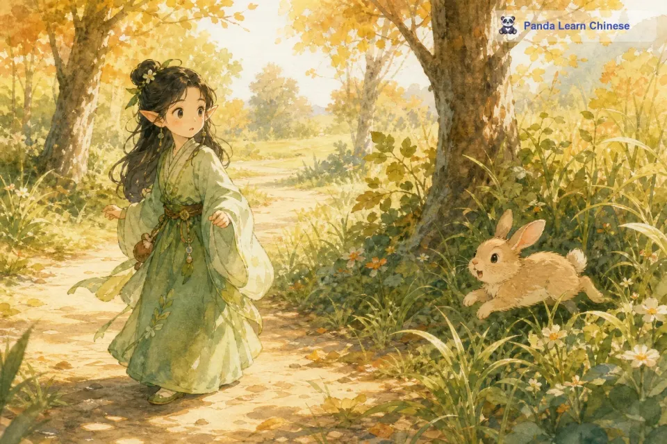 小妖精沿着小路走啊走，突然听到了一阵轻微的沙沙声。它停下脚步，警惕地四处张望。不一会儿，一只小兔子从草丛里蹦了出来。