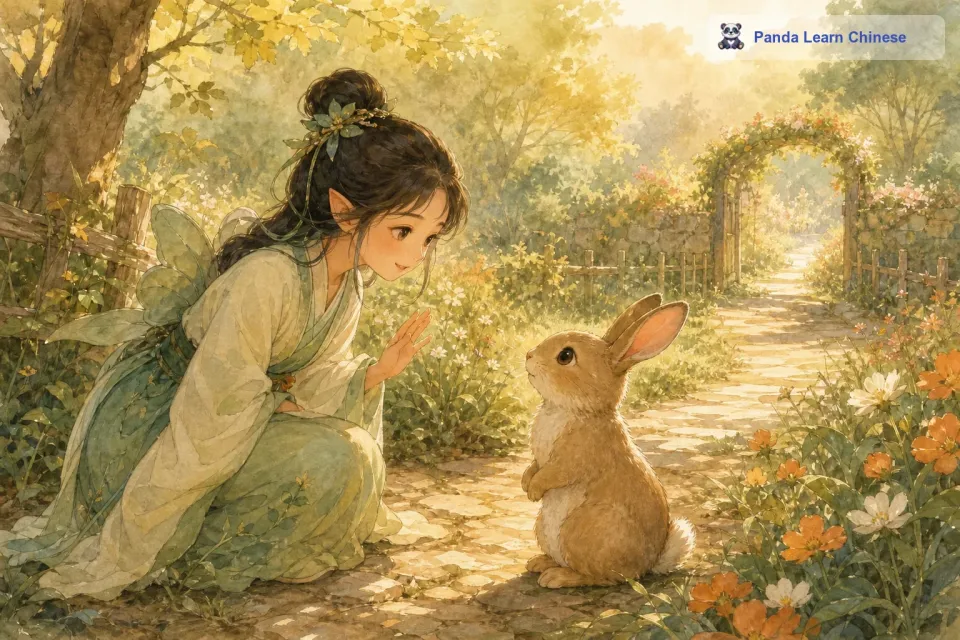 小妖精从来没有这么近距离地看到过兔子，它好奇地凑上前去。小兔子有点害怕，但是小妖精友好地和它打招呼，小兔子就放松了下来。小妖精和小兔子聊了起来，小兔子告诉小妖精这条小路通向一个神秘的花园。