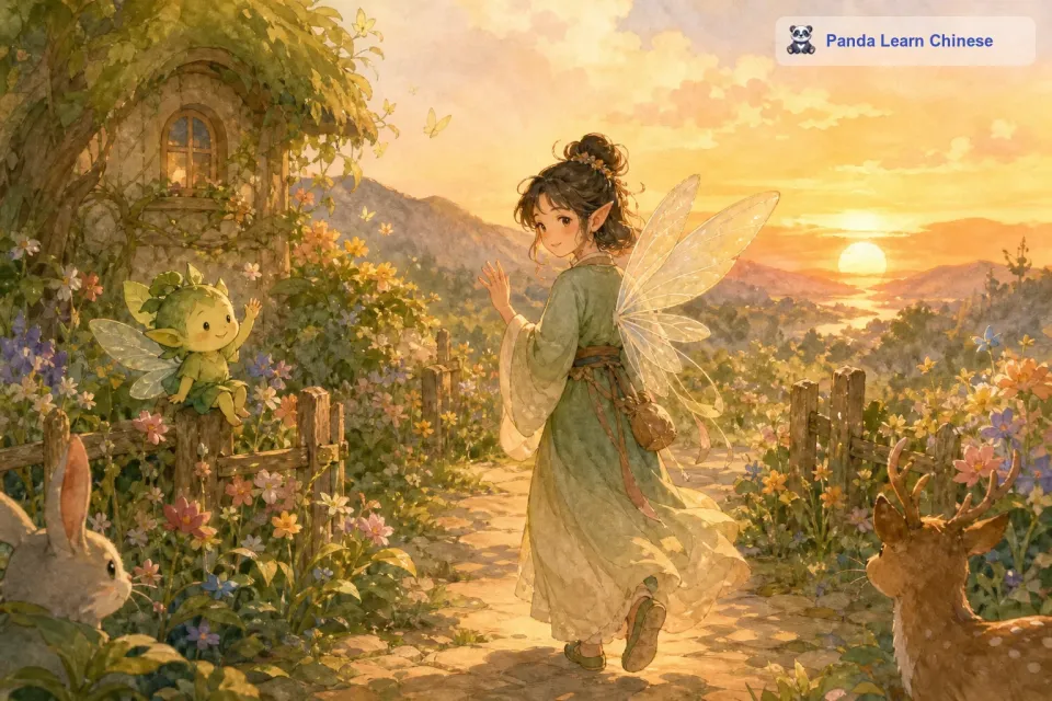 但是，随着太阳渐渐西沉，小妖精知道自己该回家了。它有点舍不得这个美丽的花园和新交的朋友。小精灵也很不舍，但是它告诉小妖精可以随时再来。小妖精带着美好的回忆，沿着小路慢慢往家的方向走去。一路上，它都在想着今天的冒险经历，心里充满了温暖和快乐。
