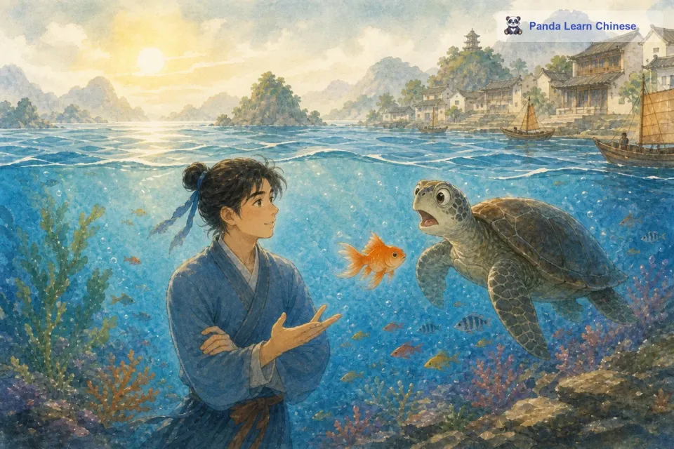 小鱼把自己的梦想告诉了它的好朋友海龟。海龟听了后，瞪大了眼睛说：“大海已经很大了，外面的世界充满了未知和危险，你为什么要离开这里呢？