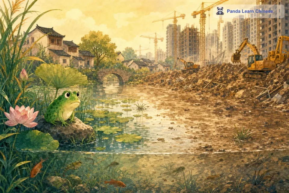 在一个美丽的池塘边，住着一只小青蛙。这个池塘曾经是小青蛙温暖的家，周围长满了芦苇，荷叶田田，水下还有许多它的小伙伴，小鱼、小虾。可是，随着时间的推移，池塘附近开始建起了高楼大厦，池塘的水也渐渐变得浑浊，还散发着难闻的气味。小青蛙知道，它不能再在这里生活下去了，它必须要去找一个新的家。