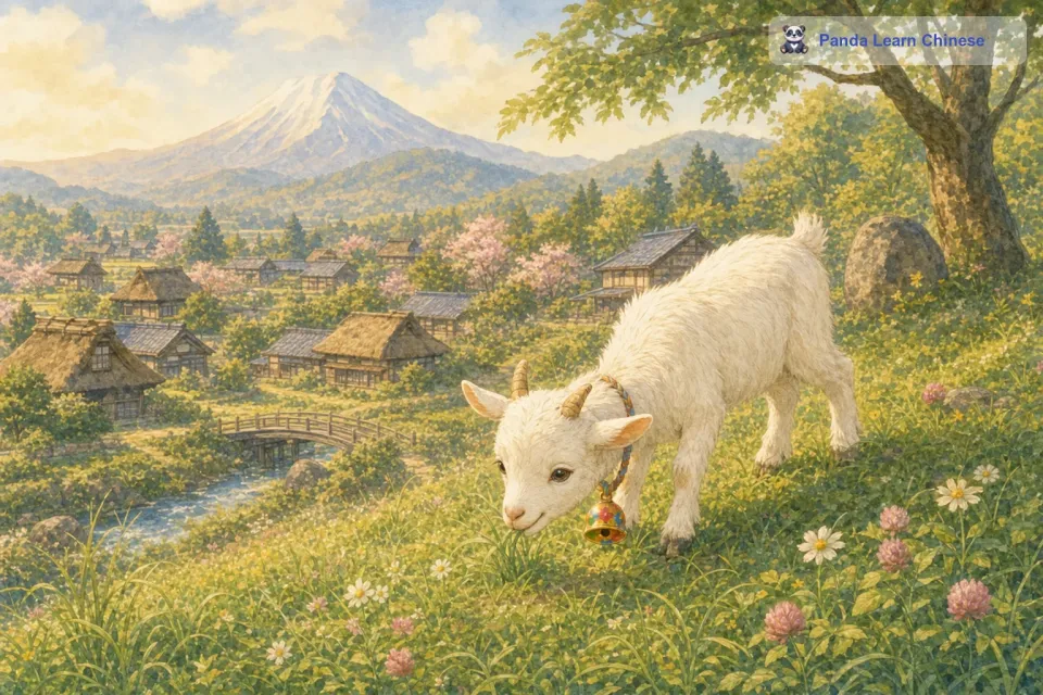 日子一天天过去，小山羊依旧每天过着悠闲的生活。它最喜欢到村子后面的山坡上吃草，那里的草又嫩又绿。它一边吃着草，彩铃一边发出轻轻的声响，仿佛在演奏着一首美妙的田园曲。